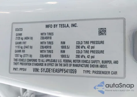 2023 Tesla Model 3 Rear-Wheel Drive from USA, damaged, VIN 5YJ3E1EA5PF541059